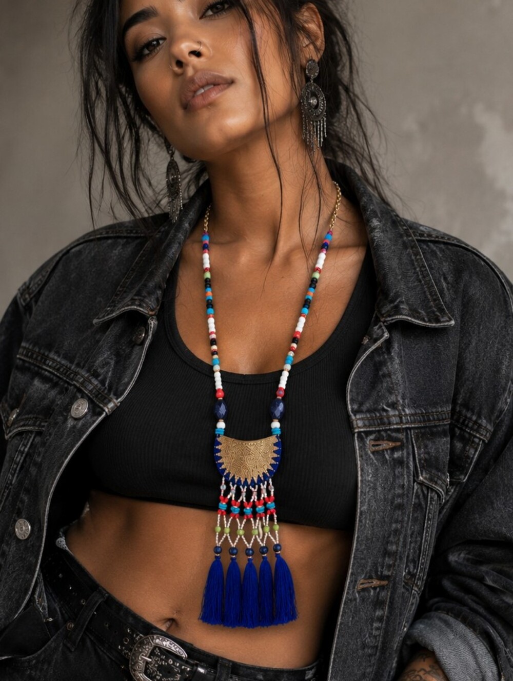 Chico's Tribal Boho Seed Bead Tassel Pendant Statement Necklace